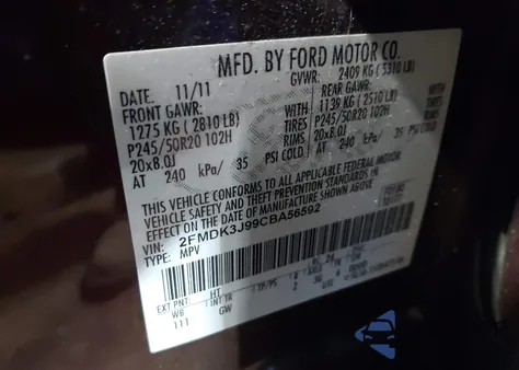 2012 Ford Edge Sel from USA, damaged, VIN 2FMDK3J99CBA56592